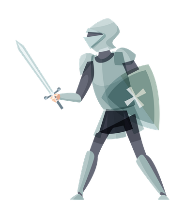 Caballero medieval con espada y escudo.  Ilustración