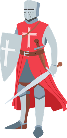 Caballero medieval heráldico con armadura y espada  Ilustración