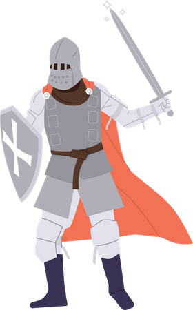 Caballero medieval luchando con espada y escudo.  Ilustración
