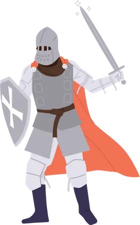 Caballero medieval luchando con espada y escudo.  Ilustración