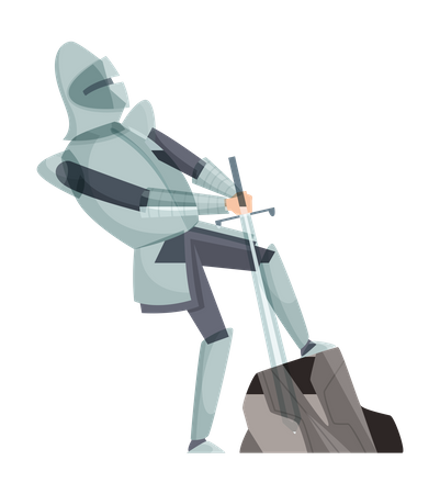 Caballero medieval sacando la espada de la roca  Ilustración