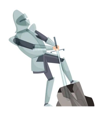 Caballero medieval sacando la espada de la roca  Ilustración