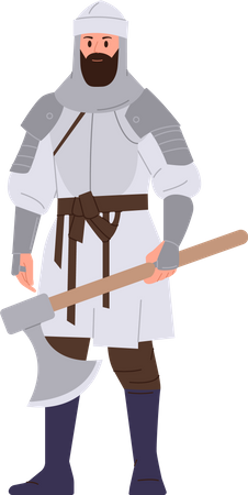 Caballero medieval sosteniendo hacha de batalla de pie  Ilustración