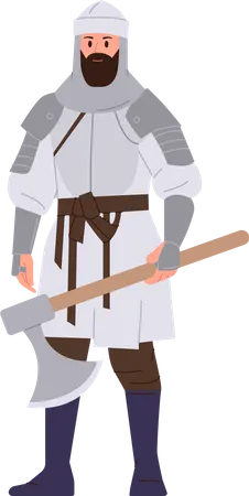 Caballero medieval sosteniendo hacha de batalla de pie  Ilustración