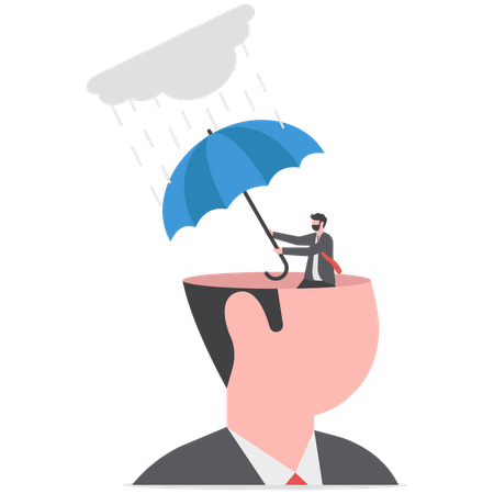 Cabeça humana com ele mesmo usando guarda-chuva para se proteger de fortes chuvas e depressão  Ilustração
