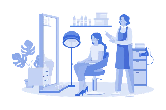 Cabeleireira e cliente feminina conversando no salão de cabeleireiro  Ilustração