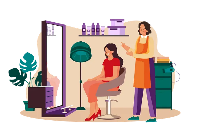 Cabeleireira e cliente feminina conversando no salão de cabeleireiro  Ilustração