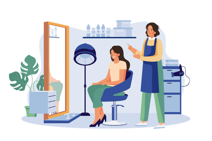 Cabeleireira e cliente feminina conversando no salão de cabeleireiro  Illustration
