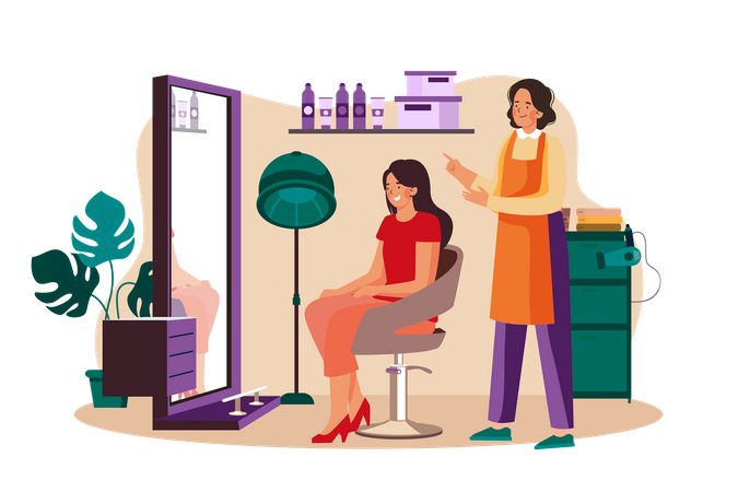 Cabeleireira e cliente feminina conversando no salão de cabeleireiro  Illustration