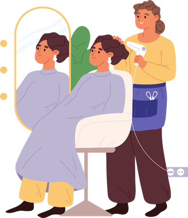 Mulher cabeleireira secando o cabelo para o cliente  Ilustração