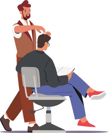 Cabeleireiro barbeiro fazendo penteado para jovem cliente sentado na cadeira lendo revista  Ilustração