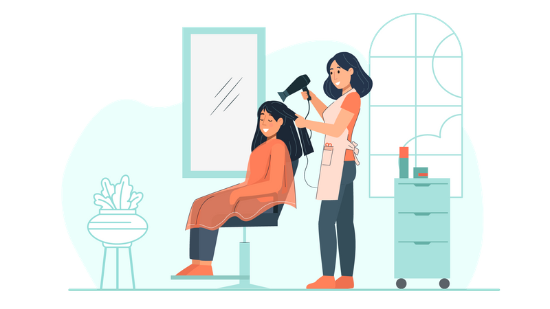 Cabeleireiro ajustando o cabelo da mulher  Ilustração
