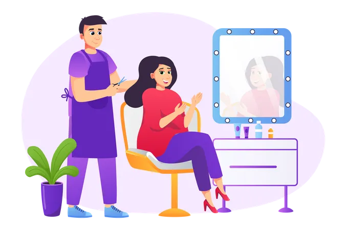 Corte de cabelo de cabeleireiro e estilo para cliente sentado na cadeira em frente ao espelho.  Ilustração