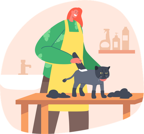 Cabeleireiro de animais aparando pelos de gato  Ilustração