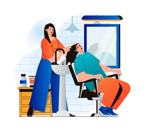 Cabeleireiro lava cabelo de cliente antes de cortar  Ilustração
