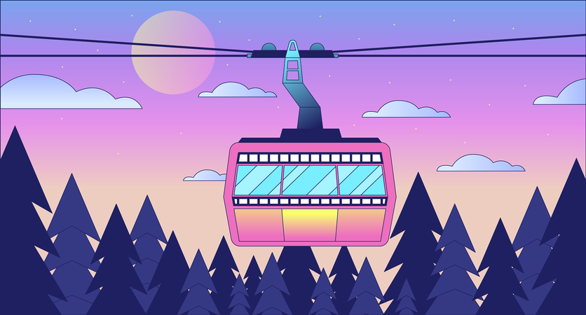 Fondo de pantalla de teleférico de cabina sobre el horizonte del bosque al atardecer lo fi chill  Ilustración