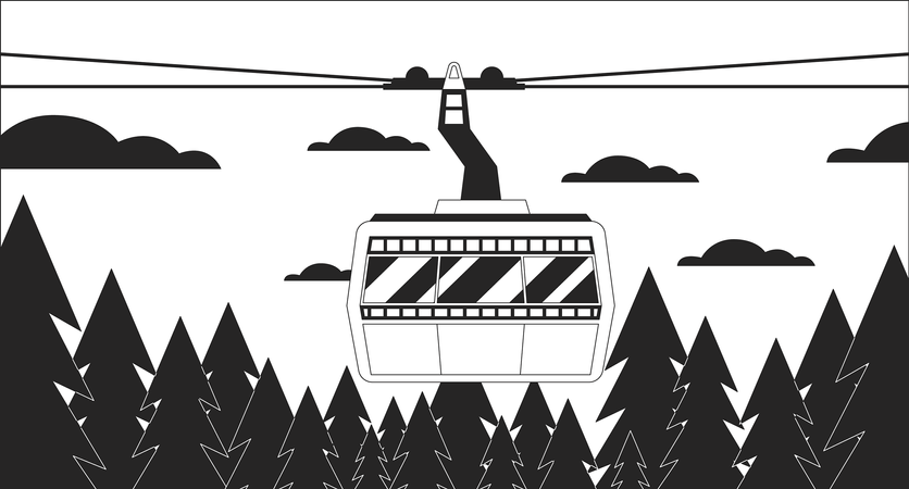 Teleférico de cabina sobre el horizonte del bosque  Ilustración