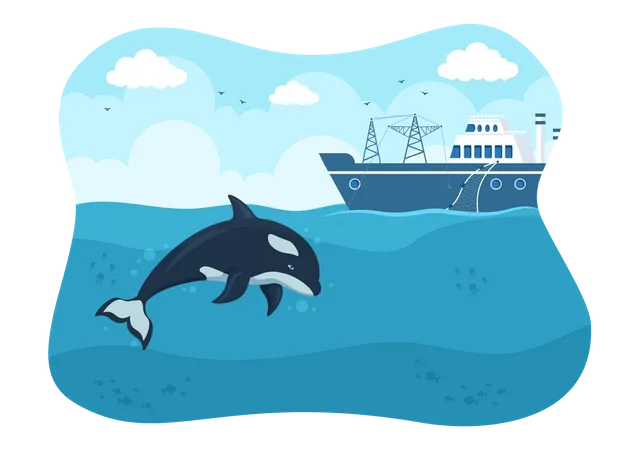 Caca De Baleias Com Baleias Capturadas Por Pescadores No Meio Do Mar Profundo Para Venda Em Ilustracao De Modelos De Desenhos Animados Planos Desenhados A Mao Ilustração