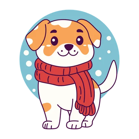 Filhote de cachorro fofo usando cachecol na temporada de inverno  Ilustração