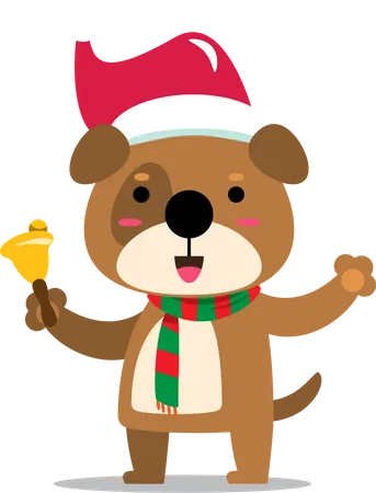 Filhote de cachorro sorridente com chapéu de Papai Noel tocando uma campainha para comemorar o Natal  Ilustração