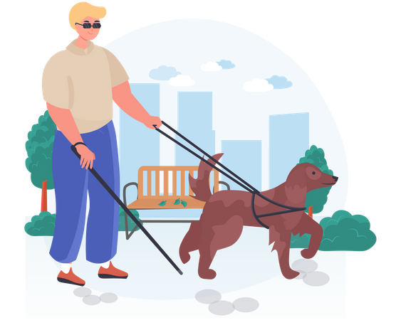 Cachorro ajuda cego em caminhada no jardim  Ilustração