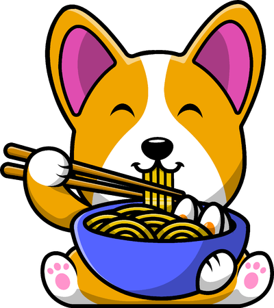 Cachorro Corgi comendo macarrão ramen com pauzinho  Ilustração