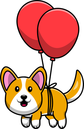 Cachorro Corgi flutuando com balão  Ilustração