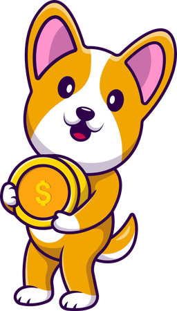 Cachorro Corgi segurando uma moeda de ouro  Ilustração