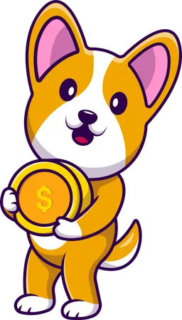 Cachorro Corgi segurando uma moeda de ouro  Ilustração