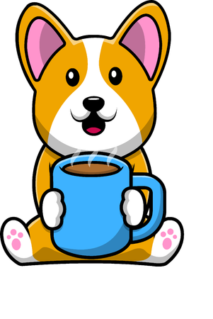 Cachorro Corgi segurando uma xícara de café quente  Ilustração