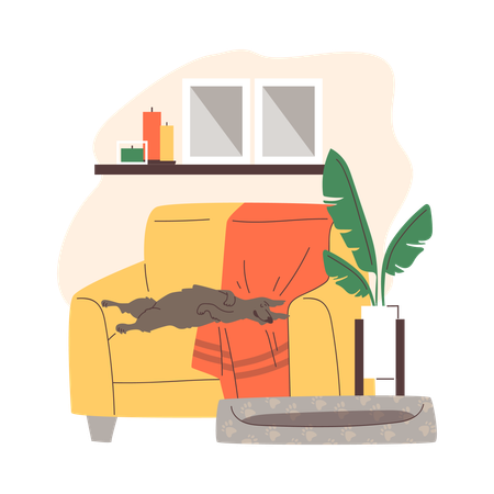 Cachorro engraçado dormindo no sofá em vez da cama  Ilustração