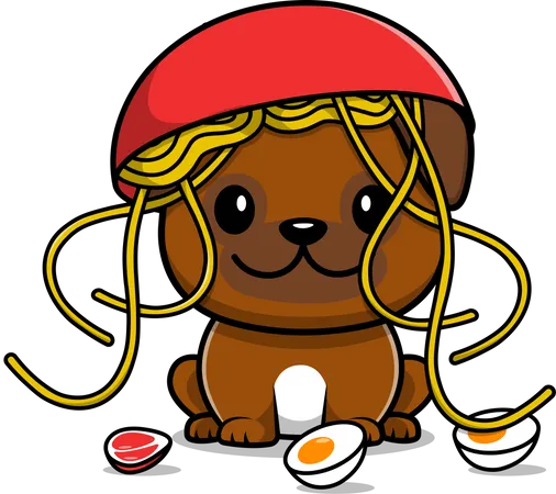 Cachorro Pug fofo com macarrão de carne e ovo  Ilustração