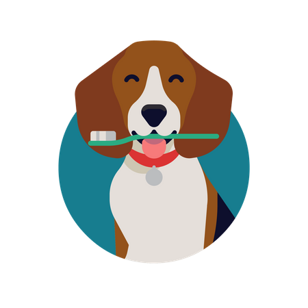 Saúde bucal de cachorro com cachorro beagle feliz segurando uma escova de dentes  Ilustração