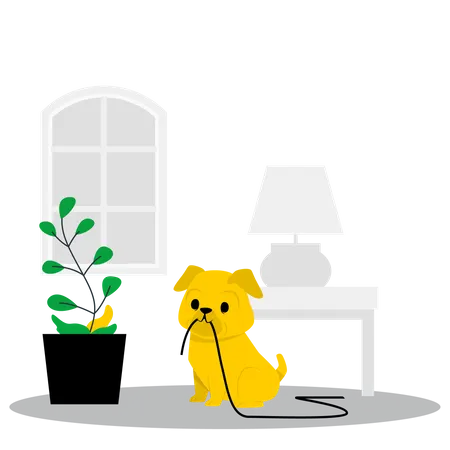 Cachorro sentado perto de vaso de flores  Ilustração