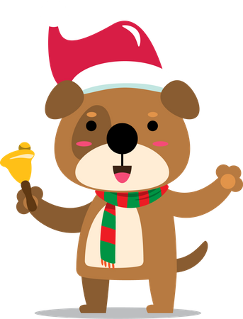 Cachorro sonriente con gorro de Papá Noel tocando una campana para celebrar la Navidad  Ilustración