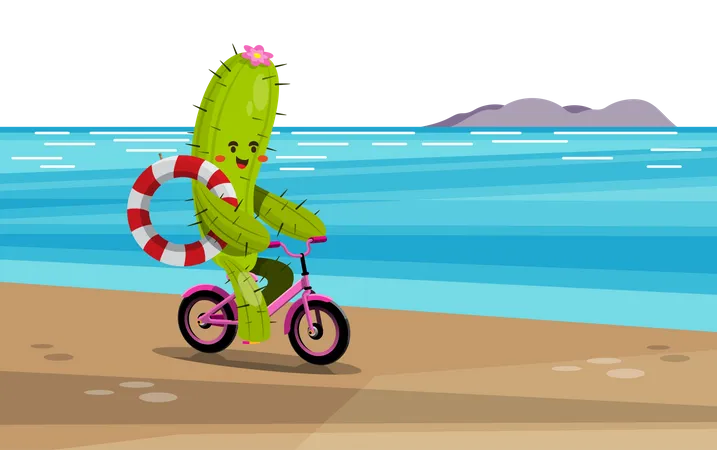 Cactus Ride A Lifeboat With You For Sightseeing And Swimming In The High Season Flat Vector Illustration Design Illustration