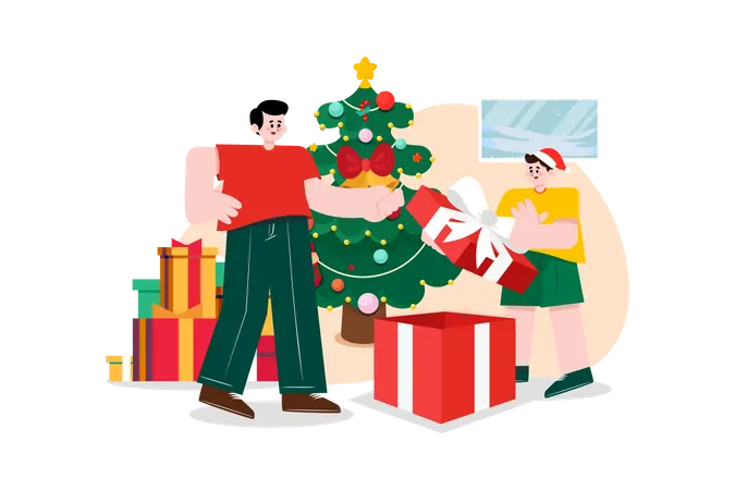 Enfant ouvrant le cadeau de Noël  Illustration