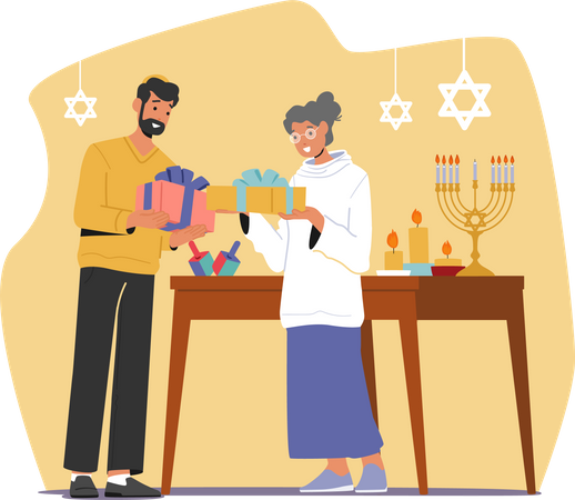 Échange de cadeaux en famille pour la fête israélienne de Hanoukka  Illustration