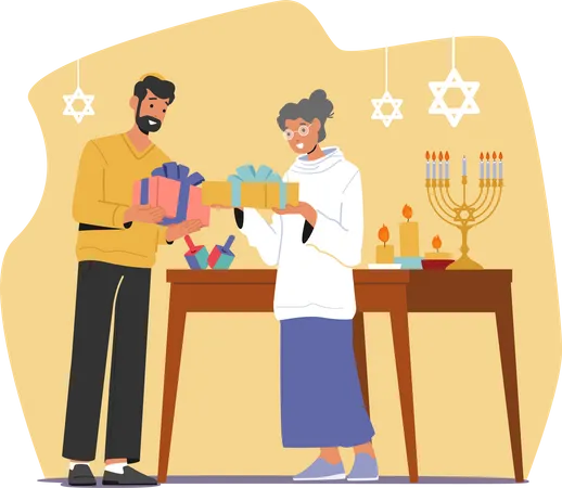 Échange de cadeaux en famille pour la fête israélienne de Hanoukka  Illustration