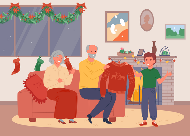 Les grands-parents offrent une chemise en laine à un enfant à Noël  Illustration