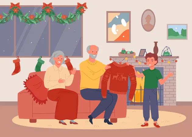 Les grands-parents offrent une chemise en laine à un enfant à Noël  Illustration