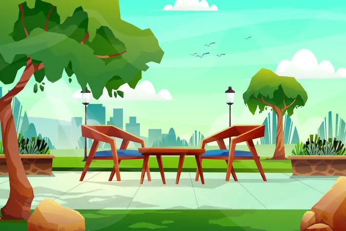 Cadeira e mesa de madeira no parque natural  Ilustração