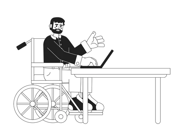 Homem barbudo em cadeira de rodas no laptop  Ilustração