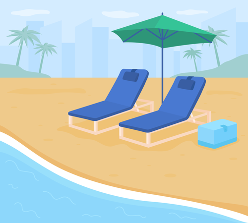 Cadeiras dobráveis na praia de areia  Ilustração