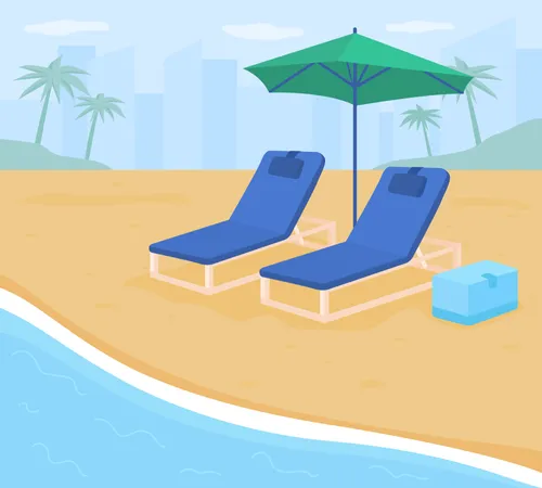 Cadeiras dobráveis na praia de areia  Ilustração