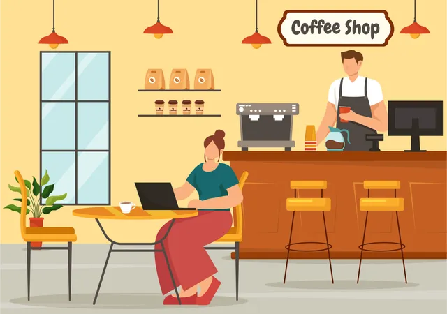 Coffee Shop Vector Illustration With Interior And Furniture Suitable For Poster Or Advertisement In Flat Cartoon Background Design Illustration