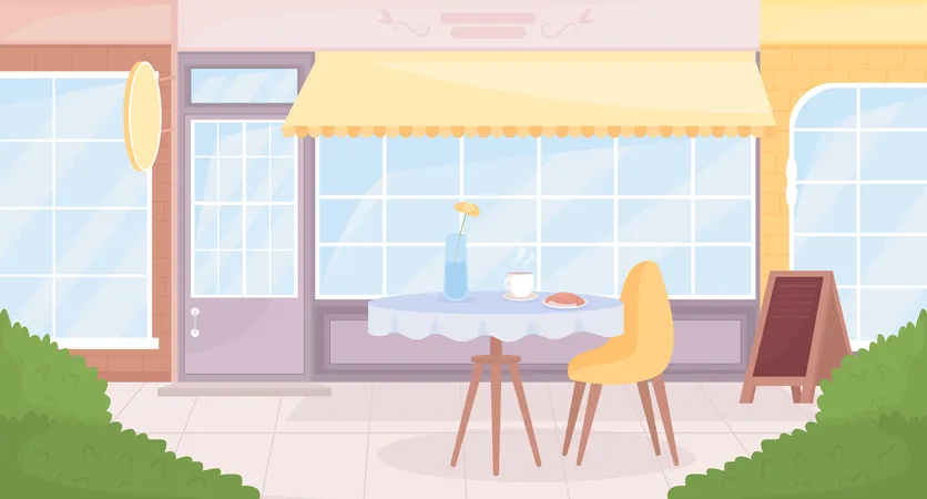 Cafetería con asientos al aire libre  Ilustración