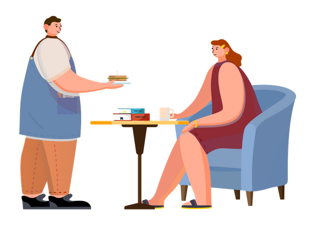Cafe barista giving sandwich to woman at cafe Illustration