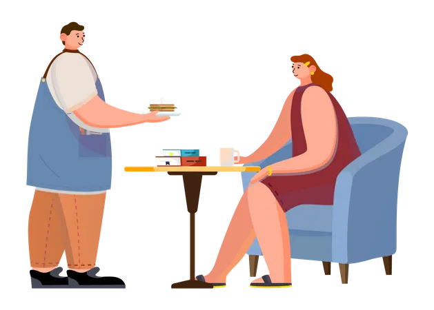 Cafe barista giving sandwich to woman at cafe Illustration