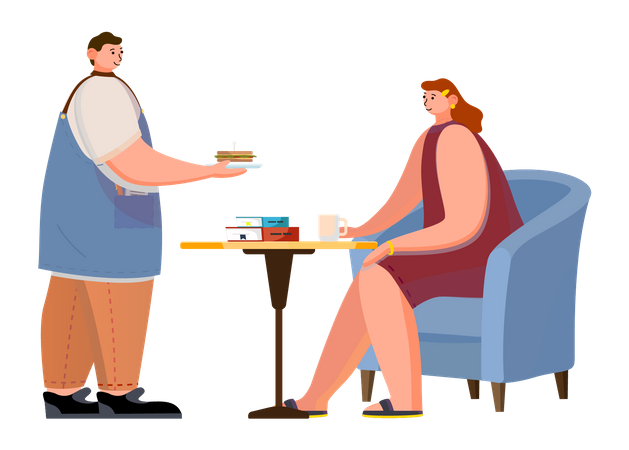 Cafe barista giving sandwich to woman at cafe  Illustration